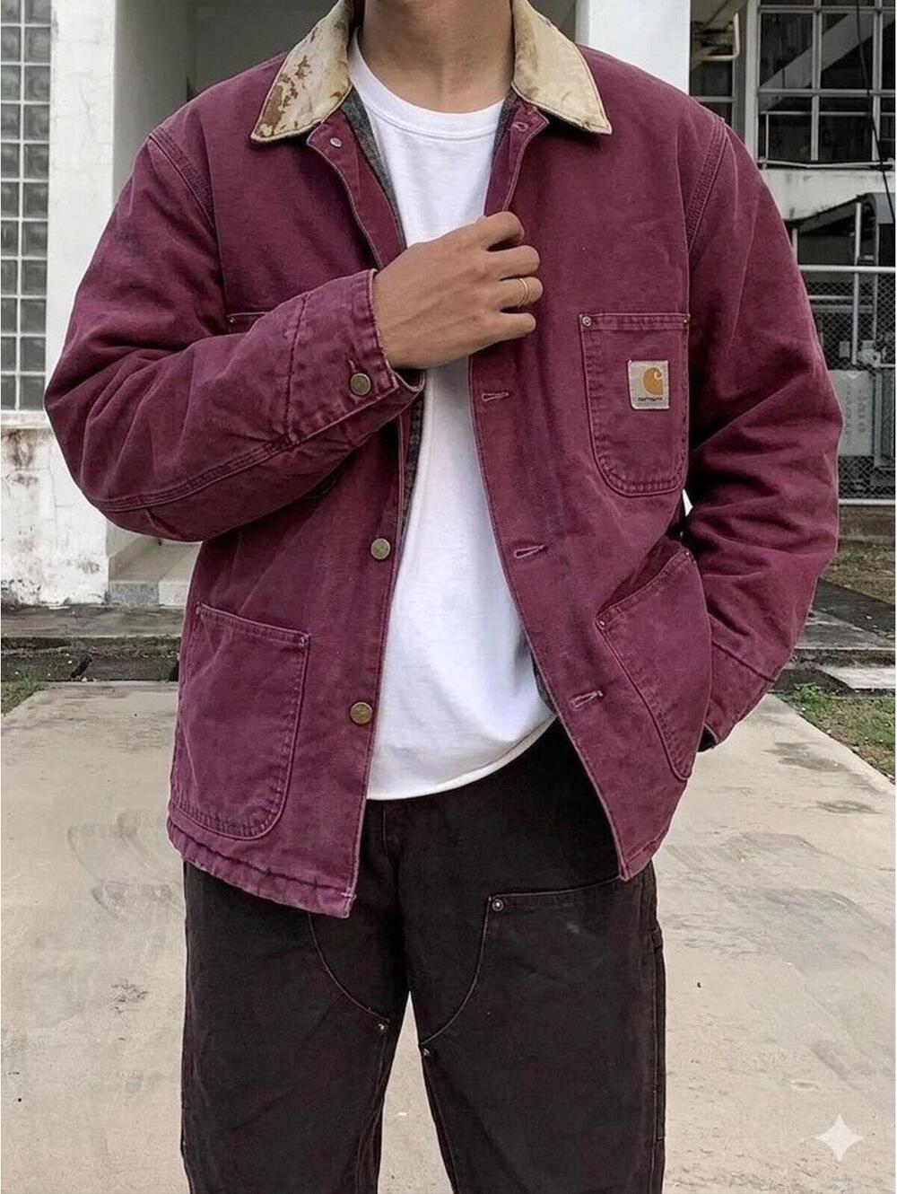 Vintage 1995 Carhartt Chore Coat Burgundy Blanket XL
